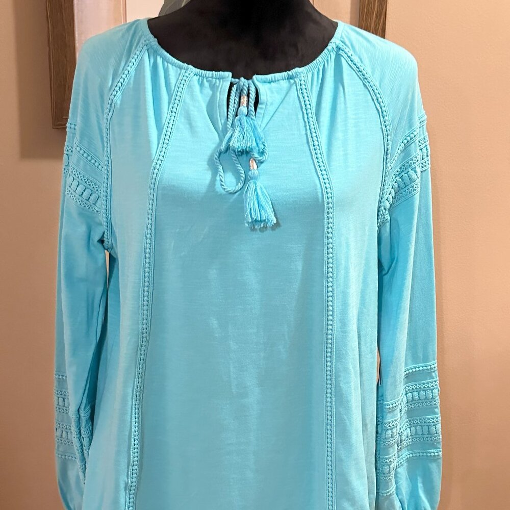 Coolibar Aqua Blue Long-Sleeve Tunic Blouse with Tassel Tie Spf 50